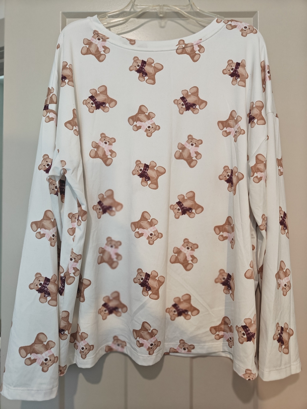 Women's White Long Sleeve Pajama Top with Teddy Bear Print